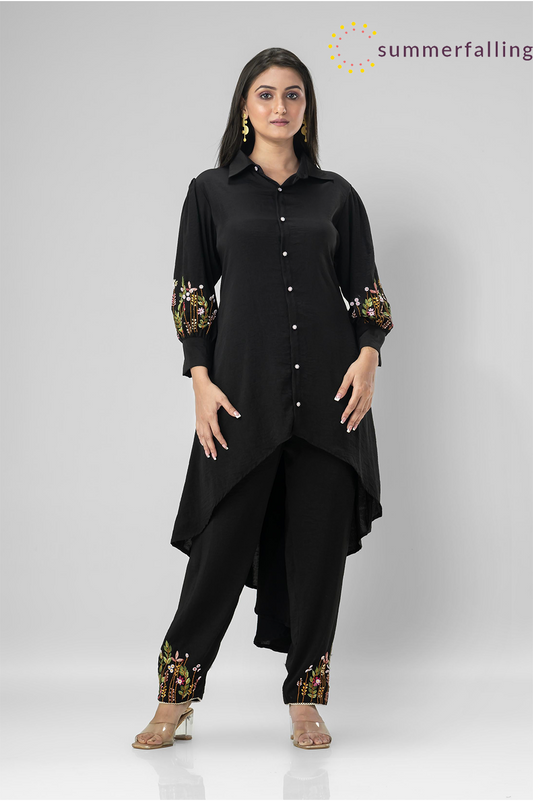 SummerFalling-Black Embroidered German Silk Co-Ord Set