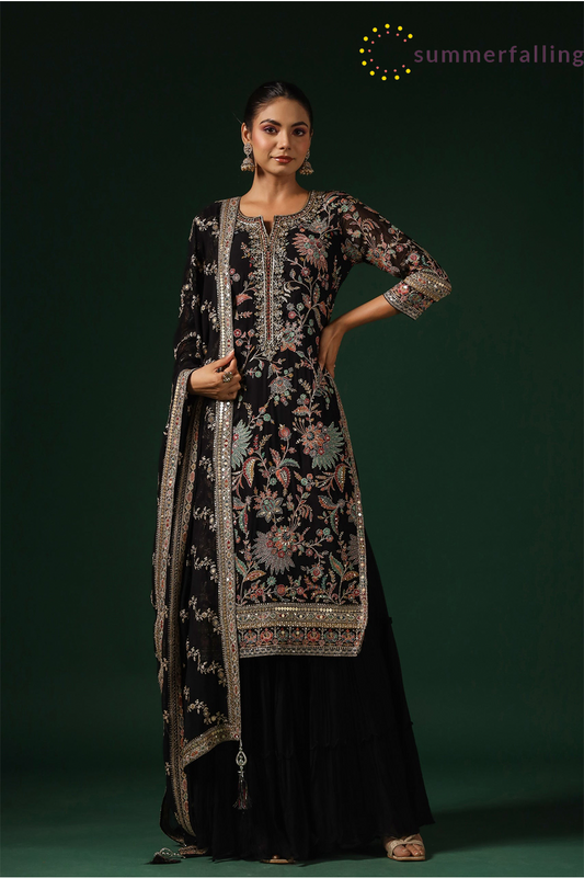 SummerFalling-Black Embroidered Premium Georgette Sharara Set