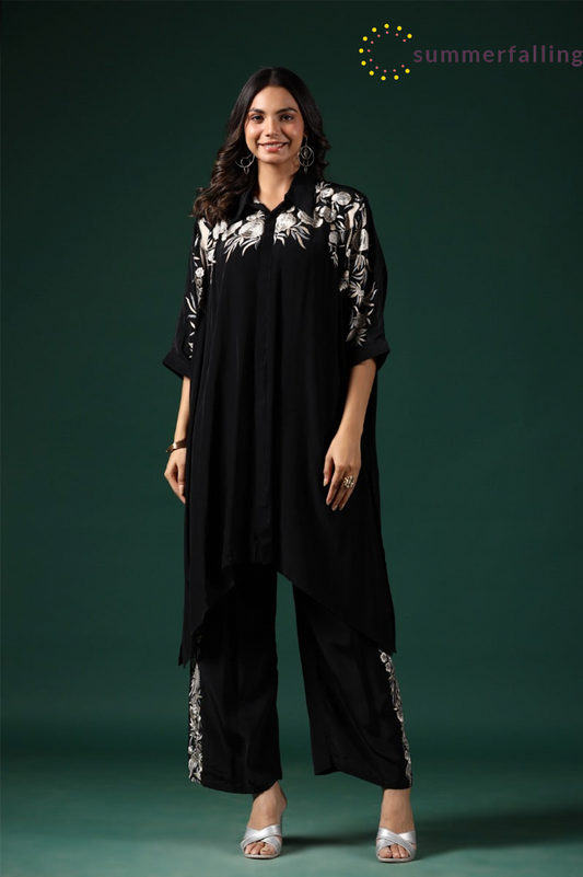 SummerFalling-Black Embroidered Habutai Silk Co-Ord Set