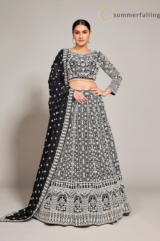 SummerFalling-Black Embroidered Premium Georgette Silk Lehenga Set