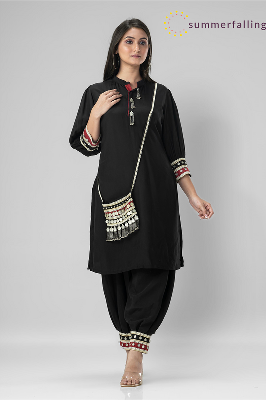 SummerFalling-Black Embroidered Premium Silk Patiala Pants Set