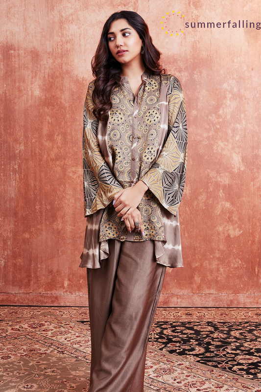 SummerFalling-Beige Ajrakh Printed Habutai Silk Kurta Palazzo Set